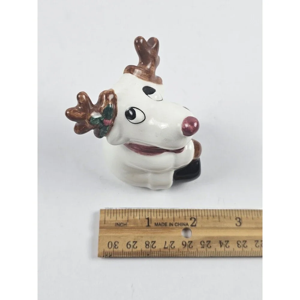 Vintage White Reindeer Gold Antlers Christmas Red Nose Salt Pepper Shaker (1)